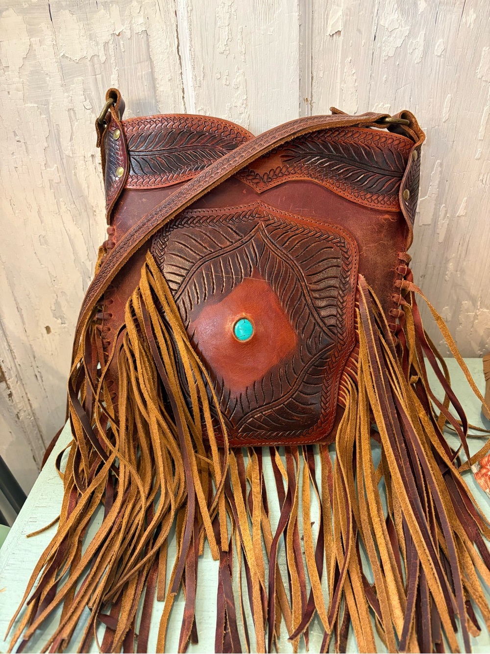Brown Leather Fringe Crossbody Bag with Turquoise Accent - Picture 3 of 6